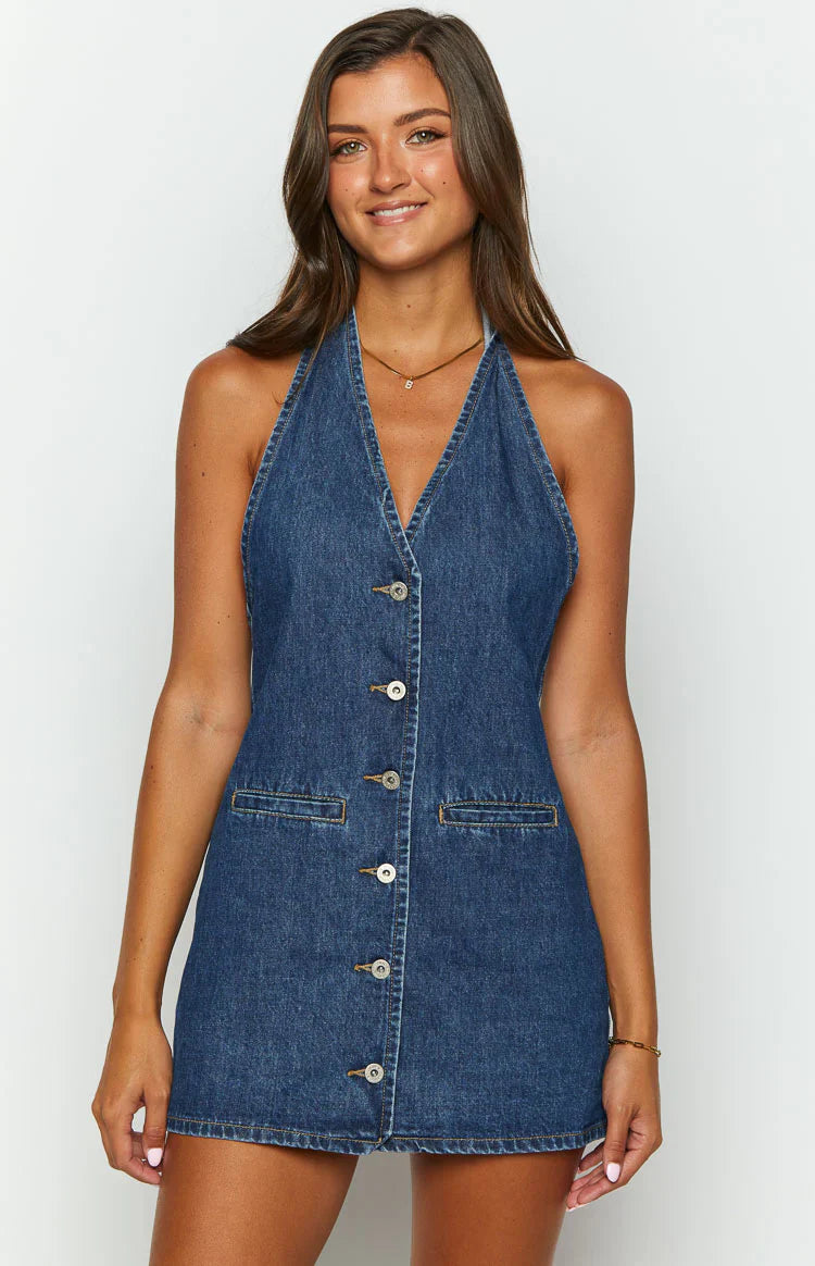 Abito Mini Corbin in Denim con Collo Halter