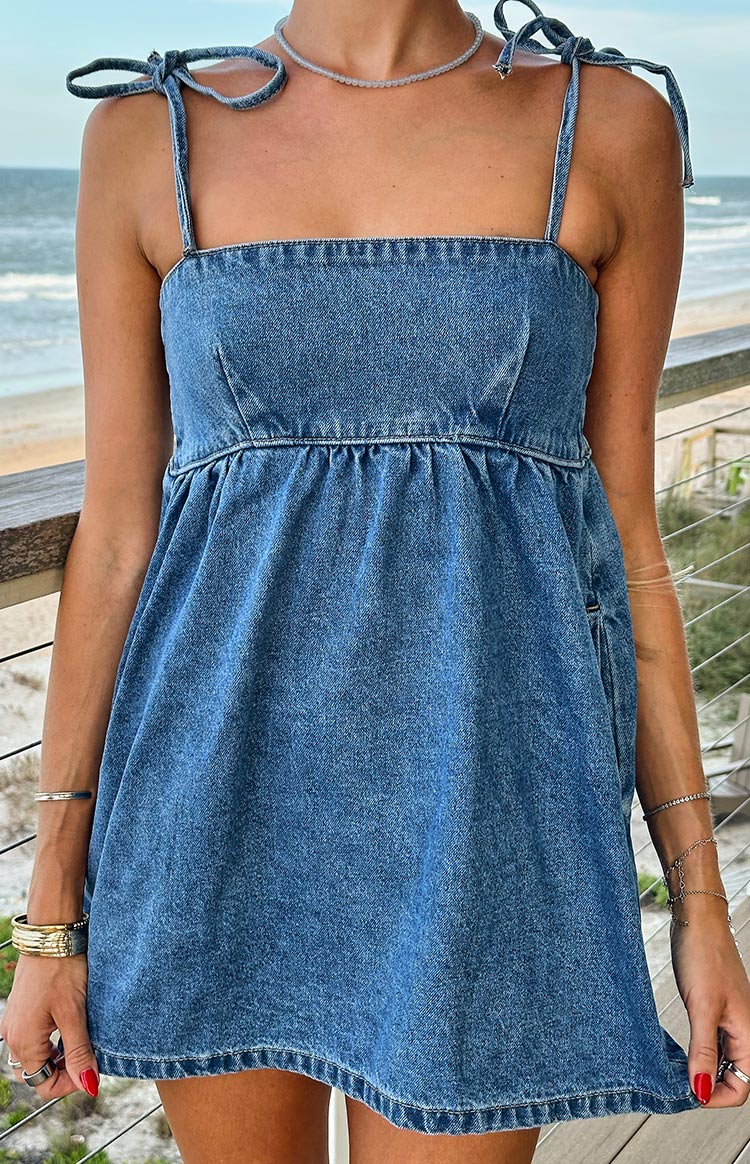Abito Mini Ethel in Denim con Spalline Annodate