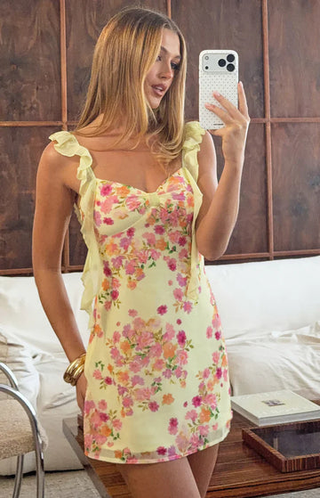 Abito Mini Joyce a Fiori Gialli in Chiffon